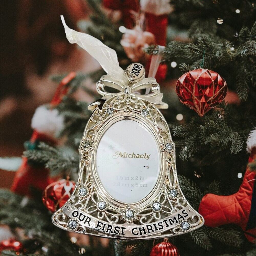 2008 Wedding Bell Picture Frame Our 1st Christmas Ornament Michaels w Crystals